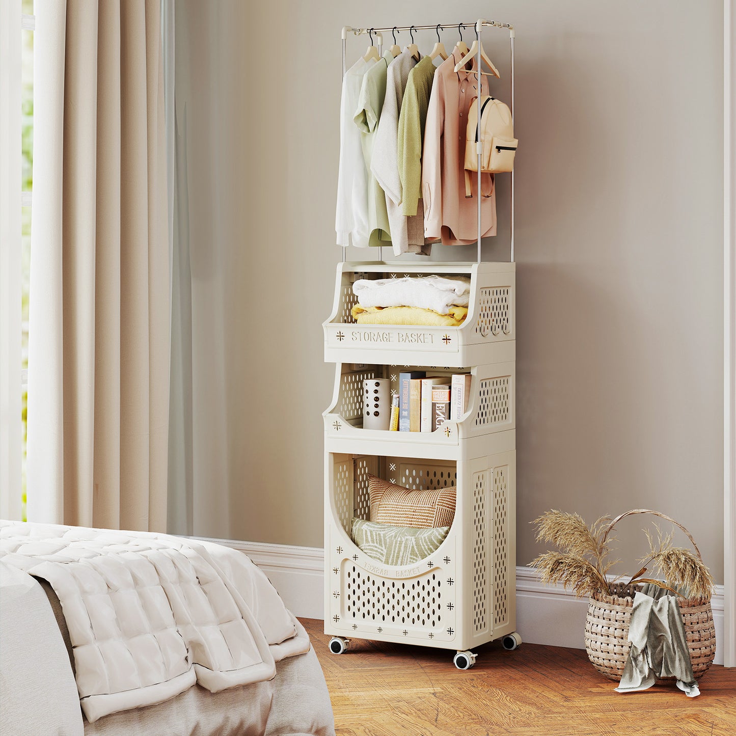 2-in-1 3/4-Tier Laundry Cart with Hanging Bar and Lockable Wheels-3-Tier-Beige