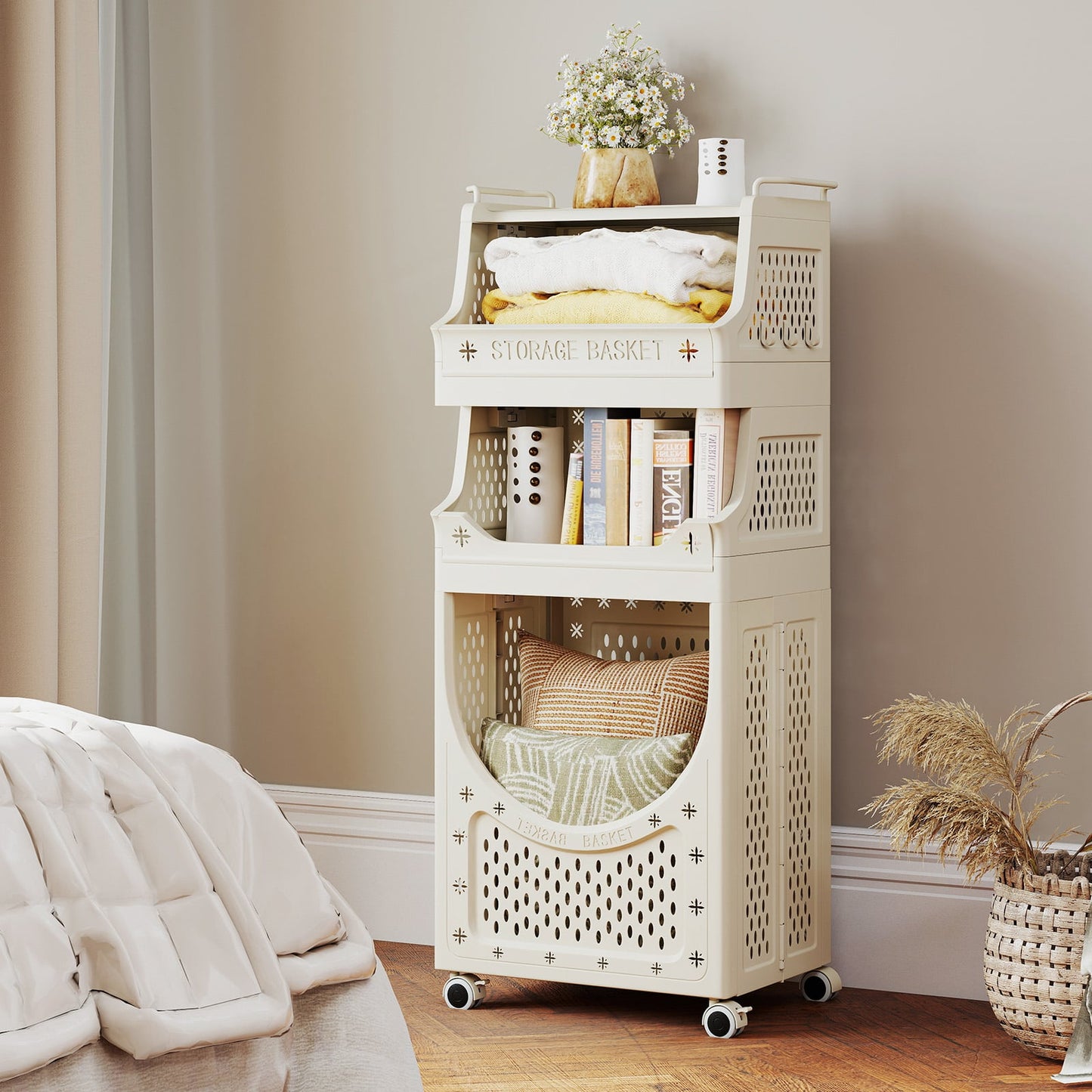 3/4-Tier Laundry Cart with Hanging Bar and Lockable Wheels-Beige-4-Tier