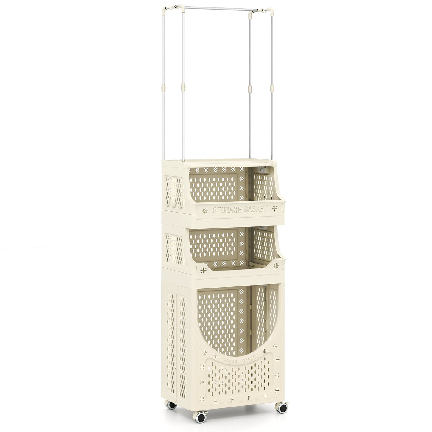 2-in-1 3/4-Tier Laundry Cart with Hanging Bar and Lockable Wheels-3-Tier-Beige