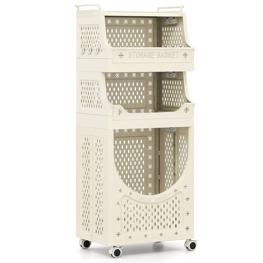 3/4-Tier Laundry Cart with Hanging Bar and Lockable Wheels-Beige-4-Tier