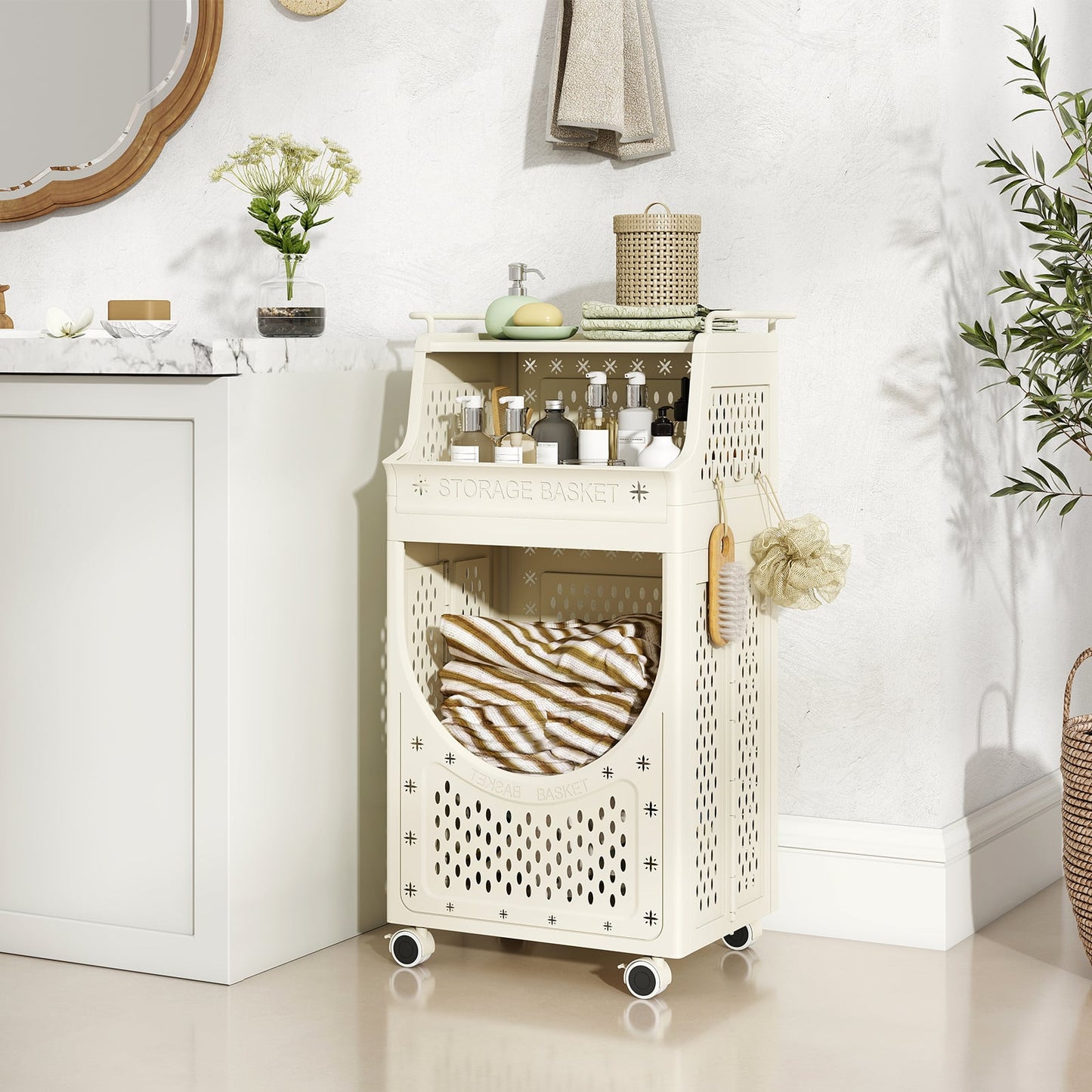 3/4-Tier Laundry Cart with Hanging Bar and Lockable Wheels-Beige-4-Tier