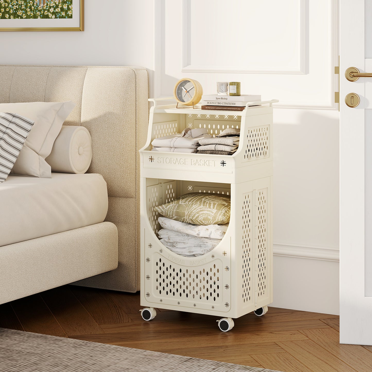 3/4-Tier Laundry Cart with Hanging Bar and Lockable Wheels-Beige-4-Tier