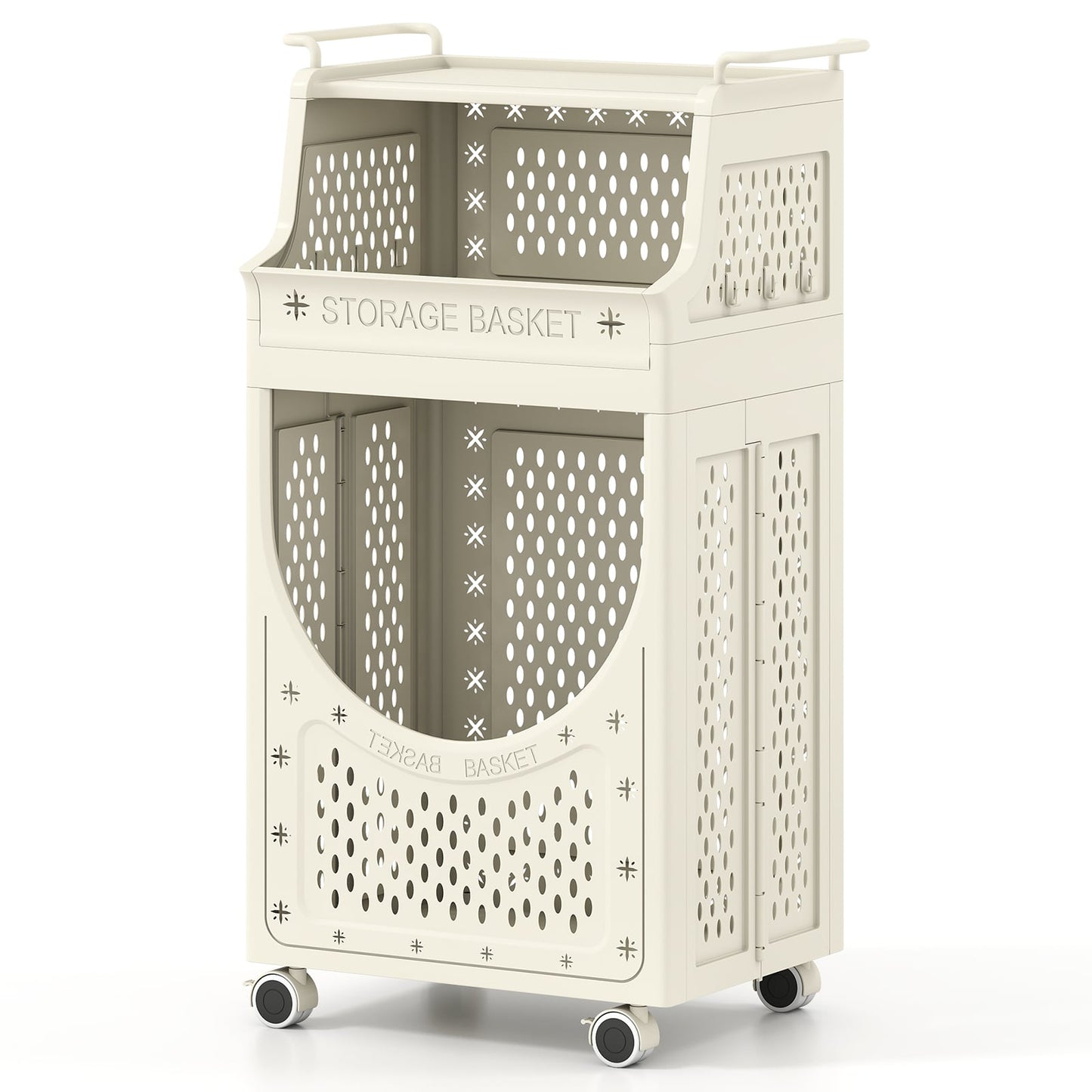 3/4-Tier Laundry Cart with Hanging Bar and Lockable Wheels-Beige-4-Tier