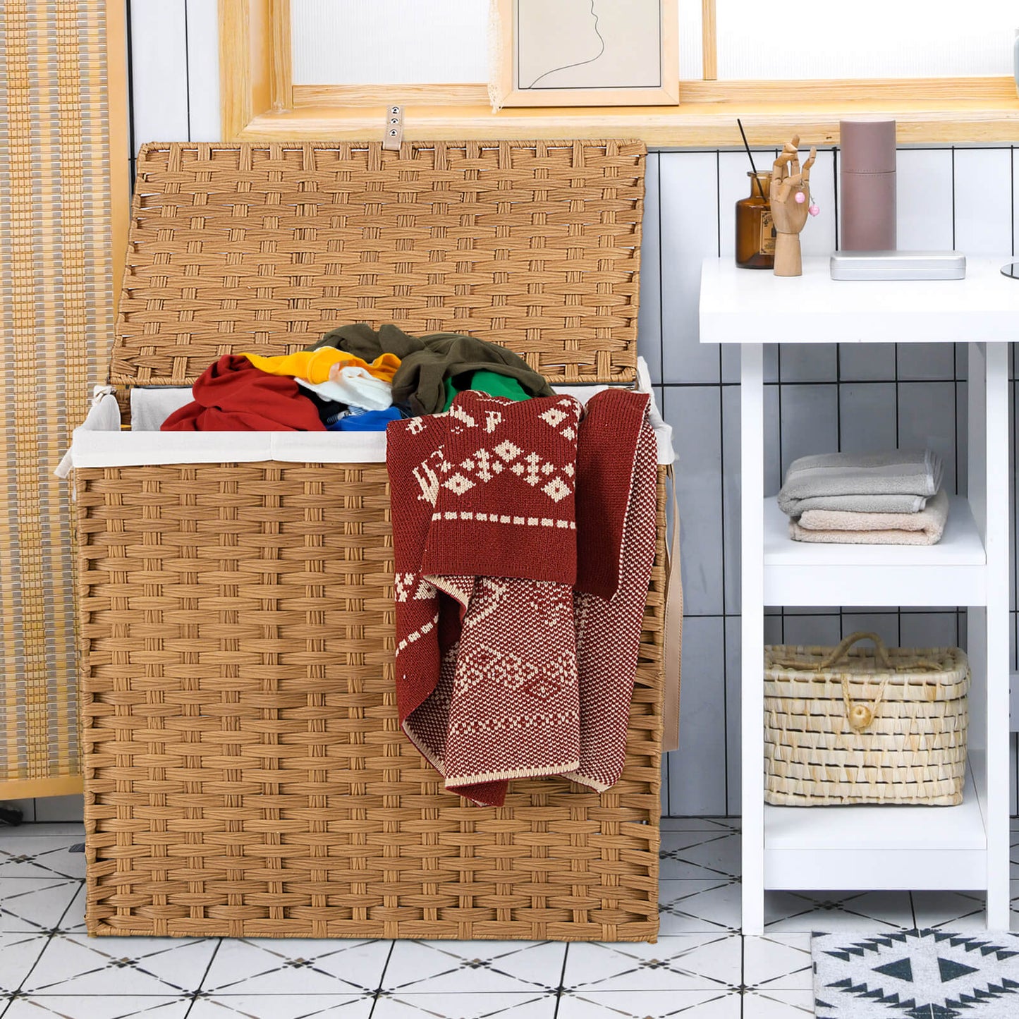 Laundry Hamper with Lid and Wheels and 2 Removable and Washable Liner Bags-Black