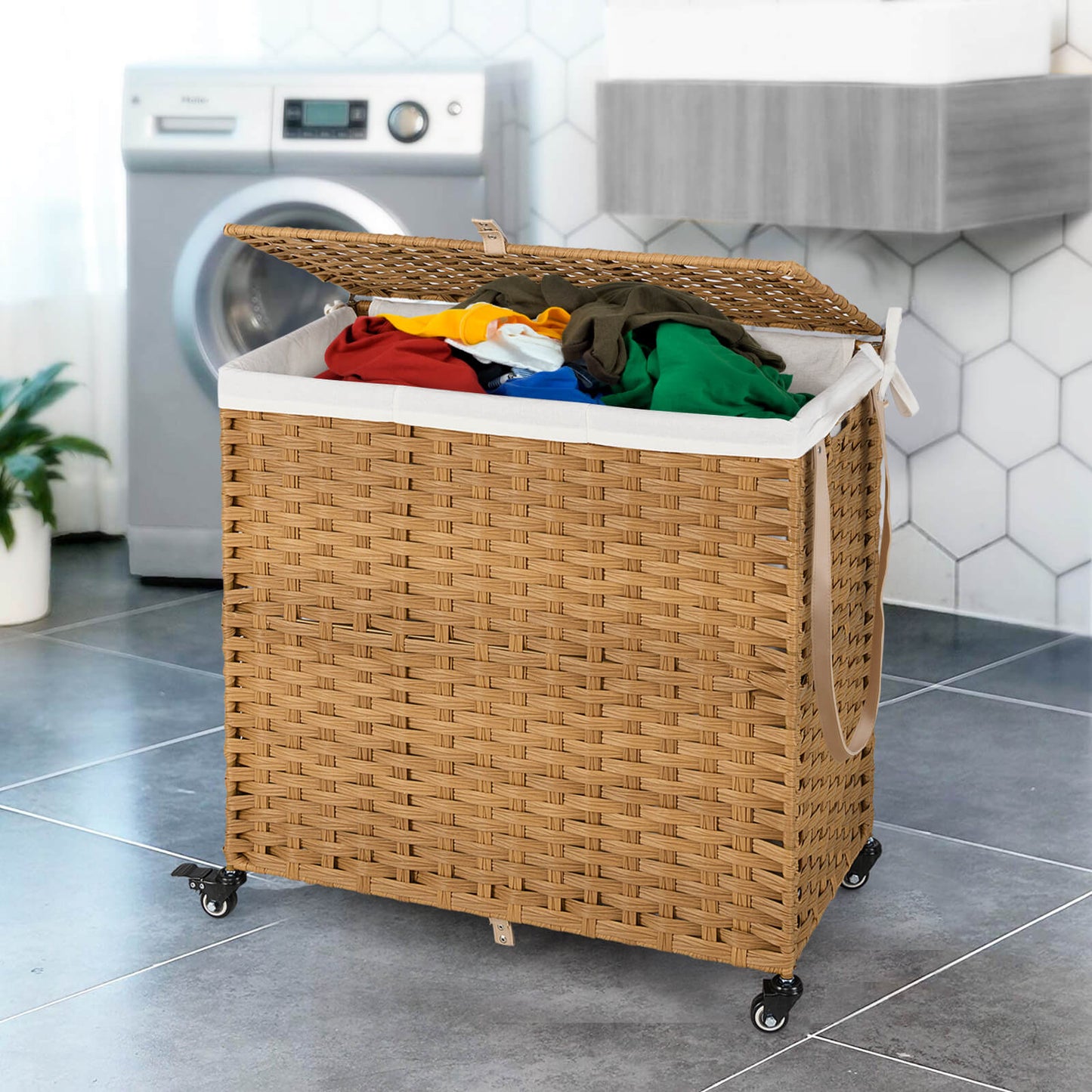 Laundry Hamper with Lid and Wheels and 2 Removable and Washable Liner Bags-Black