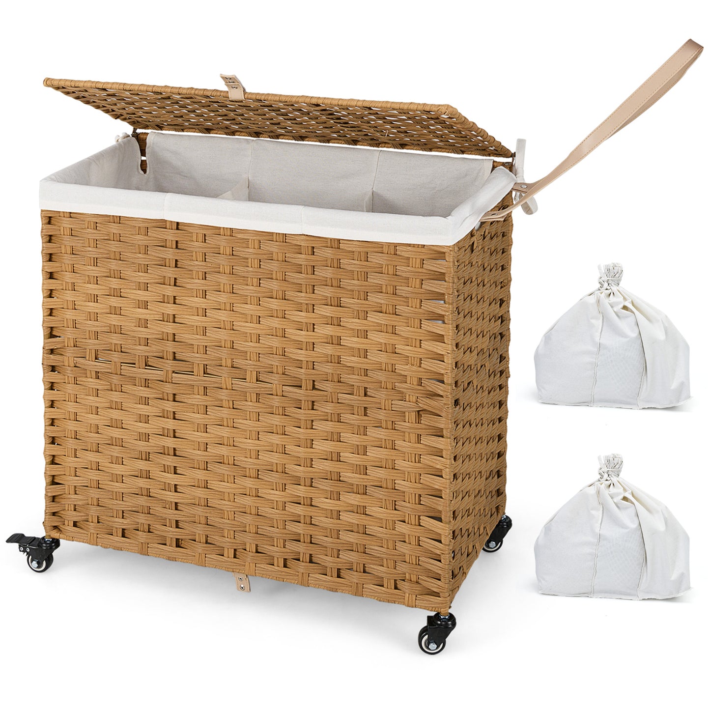 Laundry Hamper with Lid and Wheels and 2 Removable and Washable Liner Bags-Black
