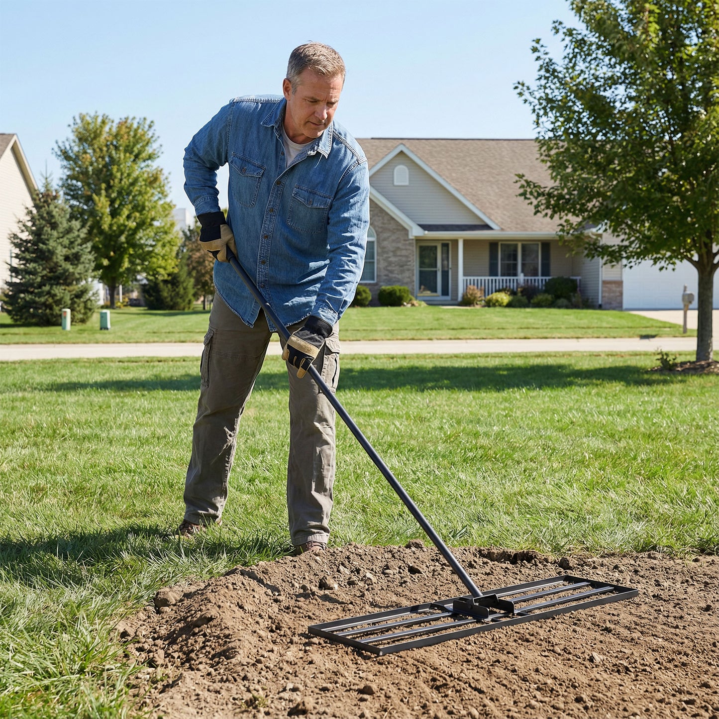 Lawn Leveling Rake with 177cm Adjustable Long Handle and Anti-Slip Grip-Silver