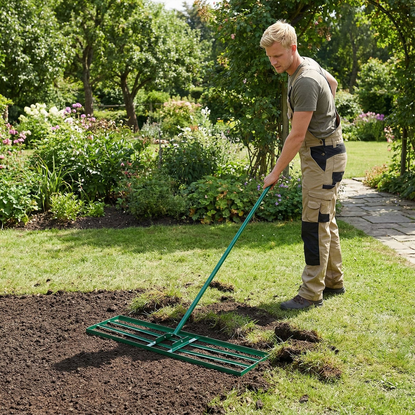 Lawn Leveling Rake with Adjustable Handle and Rotating U-Head for Topsoil-Black