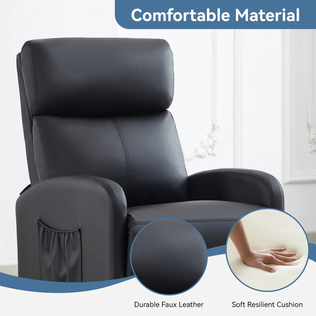 Leather Recliner Chair with Adjustable Leg Rest – Home Armchair Seat Side Pocket