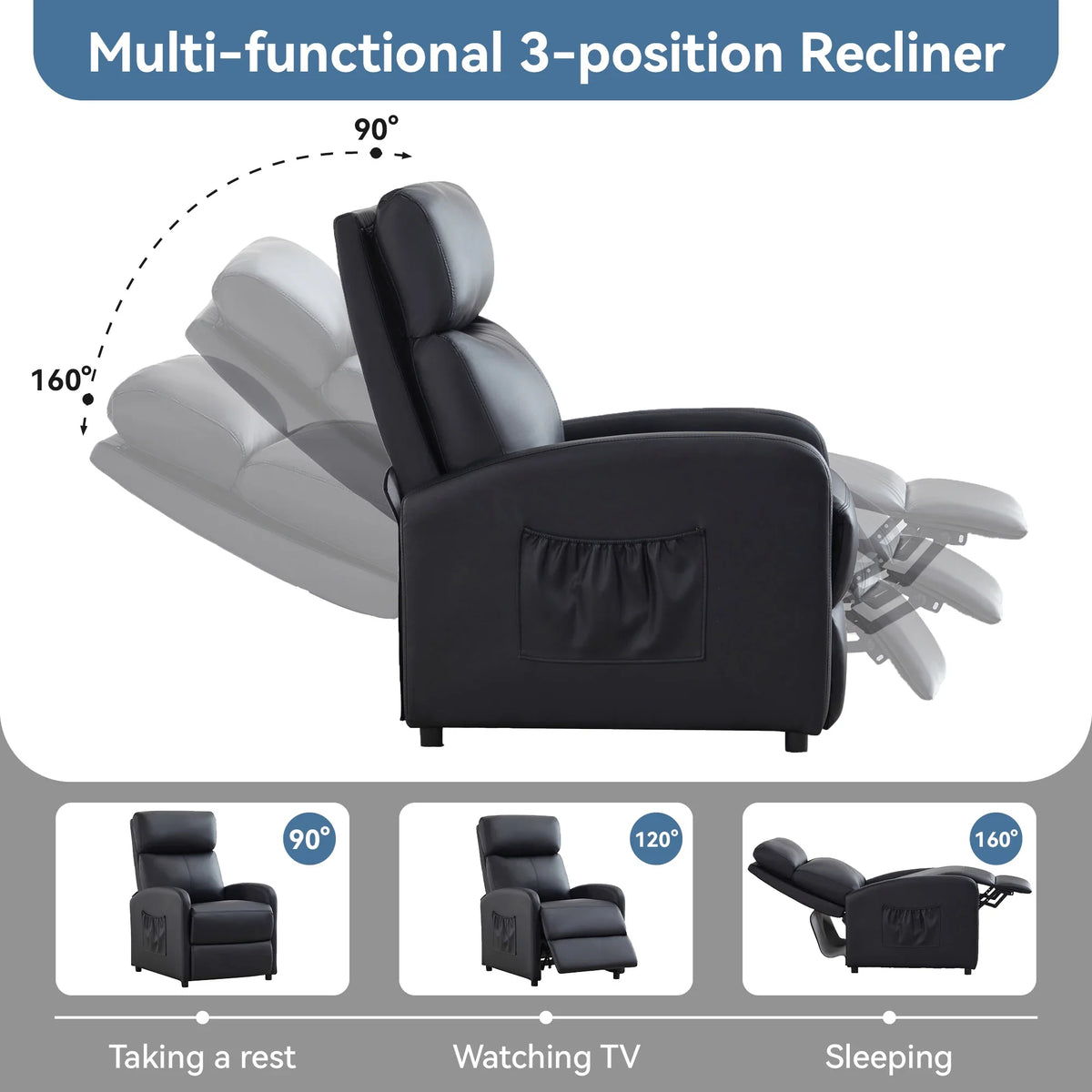 Leather Recliner Chair with Adjustable Leg Rest – Home Armchair Seat Side Pocket
