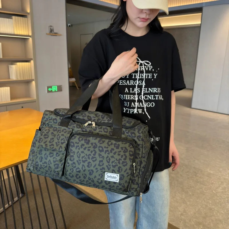 Leopard Print Large Duffel Luggage Bag Shoe Compartment Sports Gym Travel Duffle