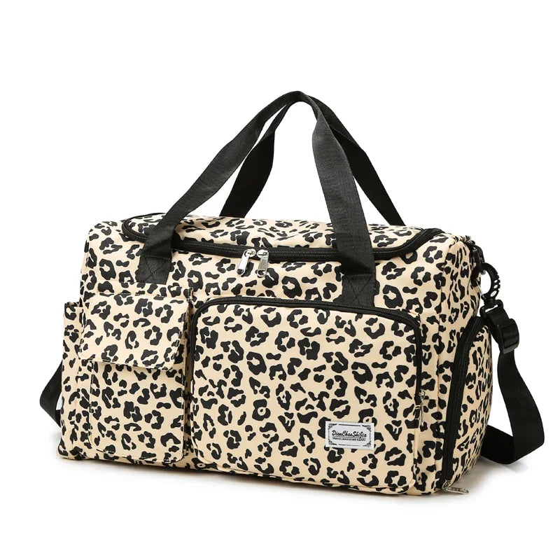 Leopard Print Large Duffel Luggage Bag Shoe Compartment Sports Gym Travel Duffle