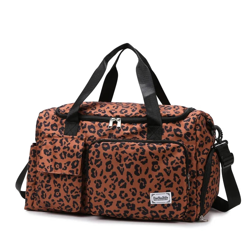 Leopard Print Large Duffel Luggage Bag Shoe Compartment Sports Gym Travel Duffle