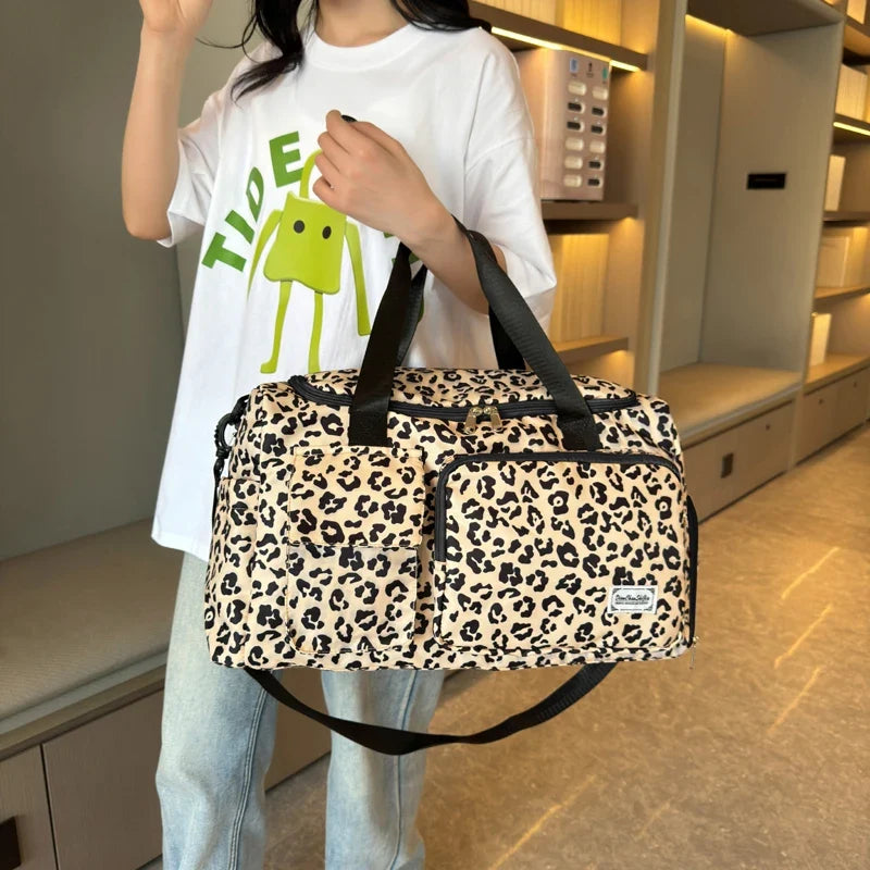 Leopard Print Large Duffel Luggage Bag Shoe Compartment Sports Gym Travel Duffle