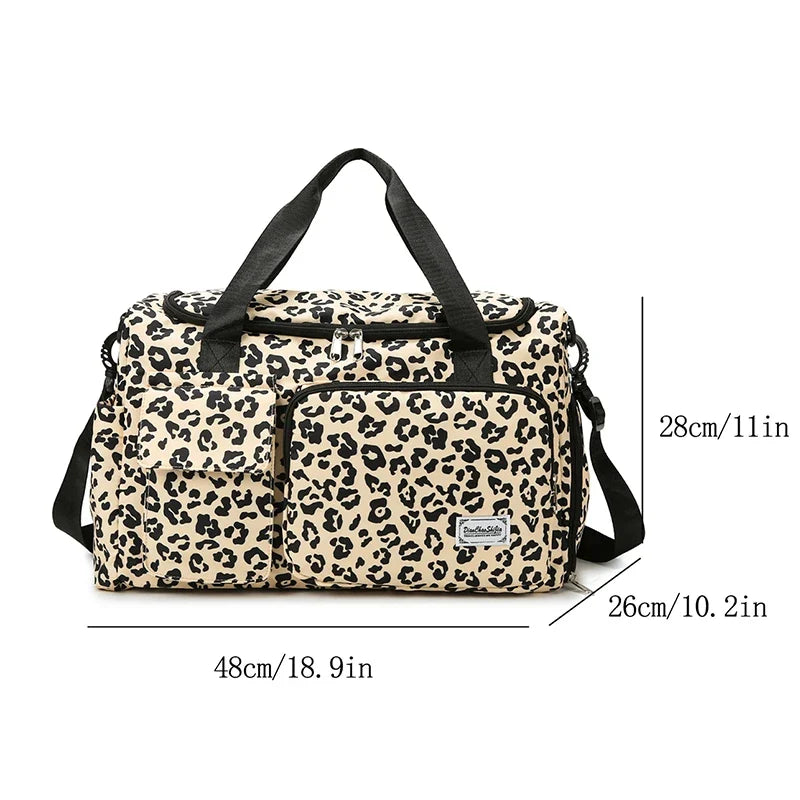 Leopard Print Large Duffel Luggage Bag Shoe Compartment Sports Gym Travel Duffle