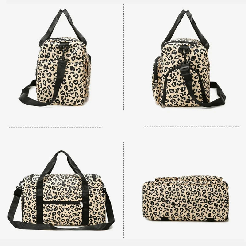 Leopard Print Large Duffel Luggage Bag Shoe Compartment Sports Gym Travel Duffle