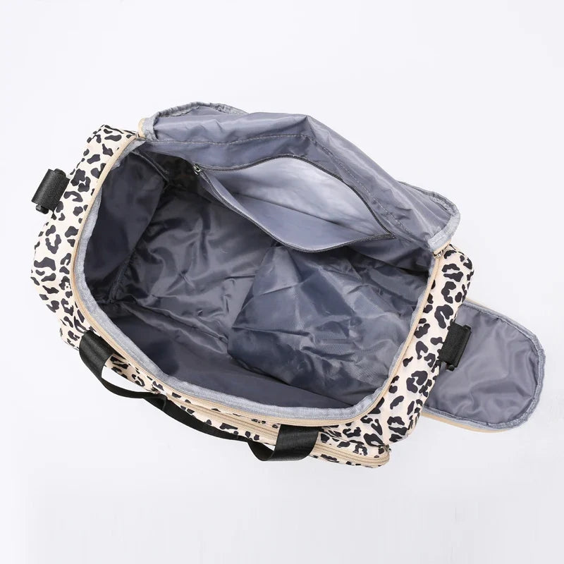 Leopard Print Large Duffel Luggage Bag Shoe Compartment Sports Gym Travel Duffle