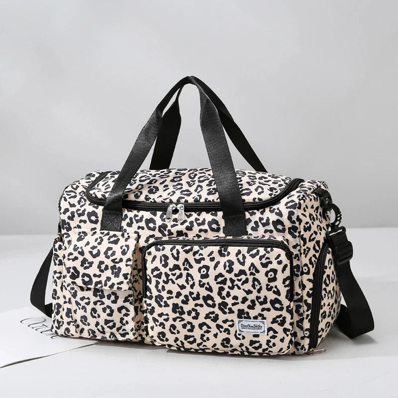 Leopard Print Large Duffel Luggage Bag Shoe Compartment Sports Gym Travel Duffle