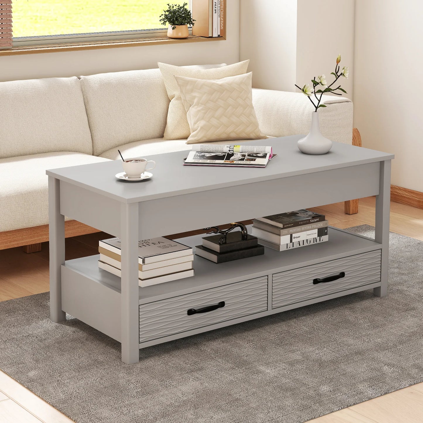 Lift Top Coffee Table Farmhouse Accent Table with Storage-Grey