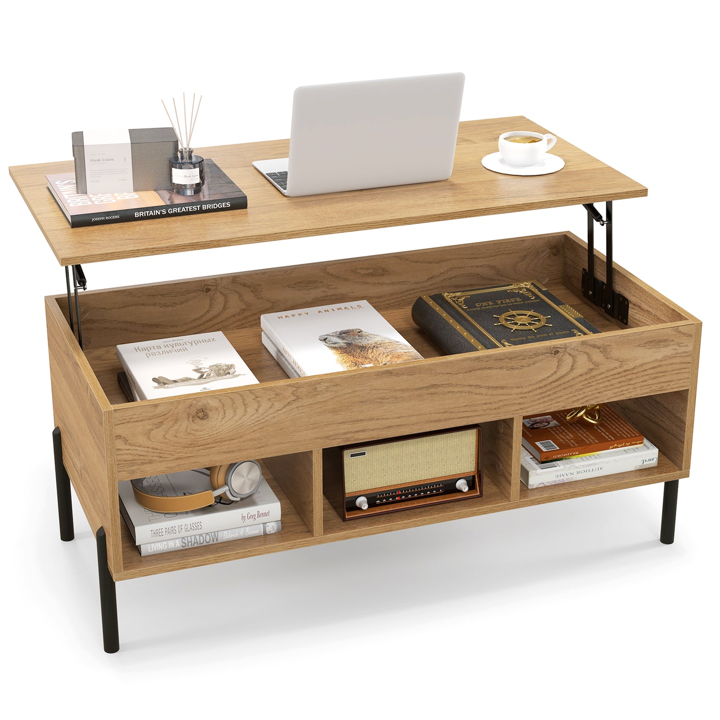 Lift Top Coffee Table with Large Hidden Compartment and 3 Open Cubbies-Natural