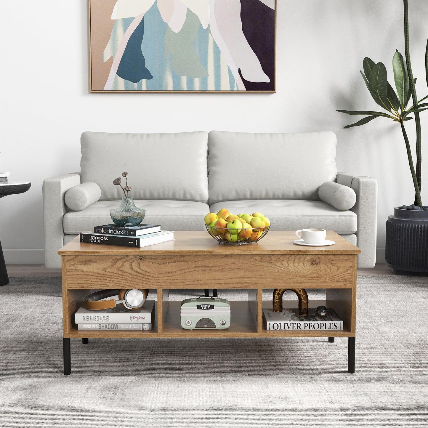 Lift Top Coffee Table with Large Hidden Compartment and 3 Open Cubbies-Natural