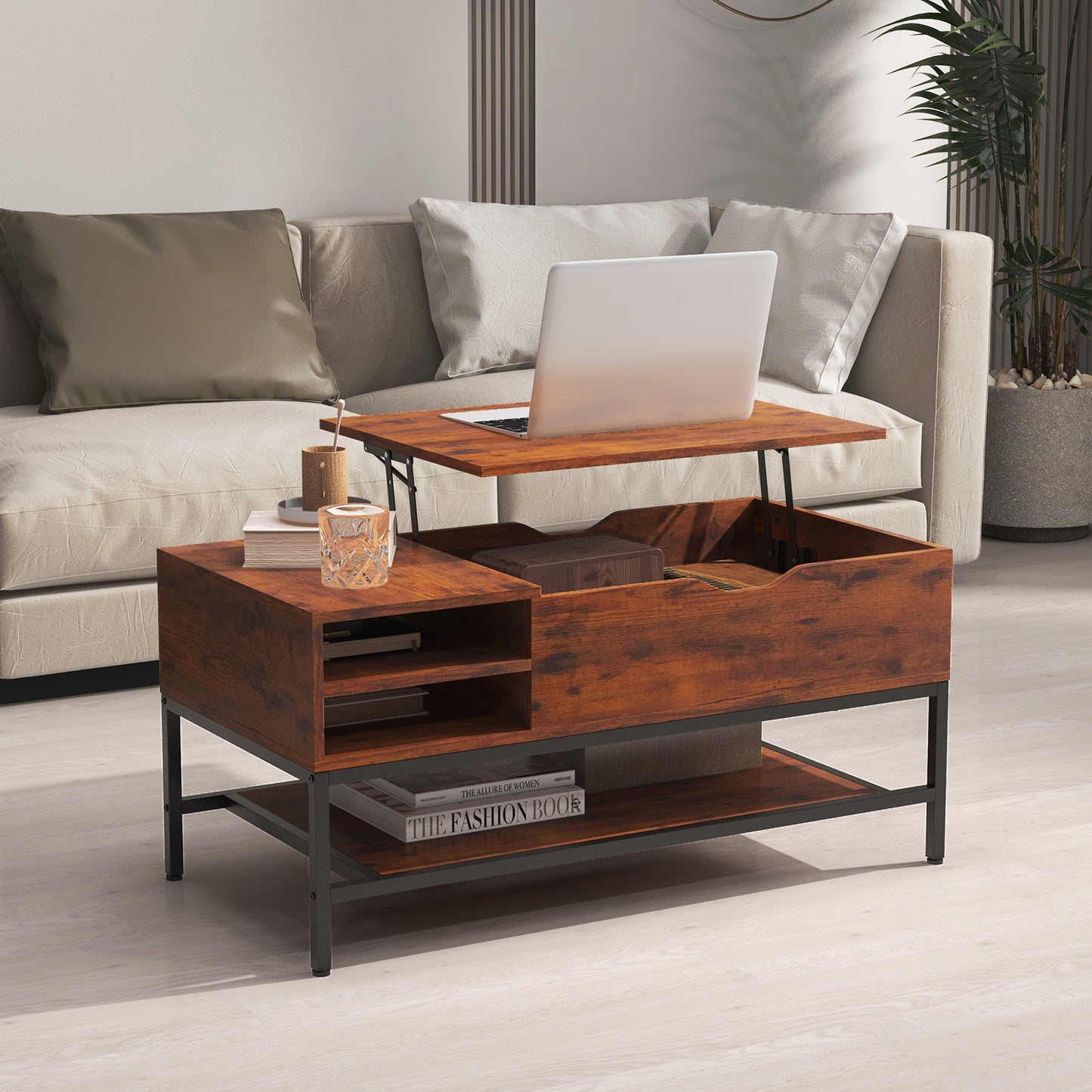 Lift Top Coffee Table with Hidden Compartment and Removable Shelf-Grey