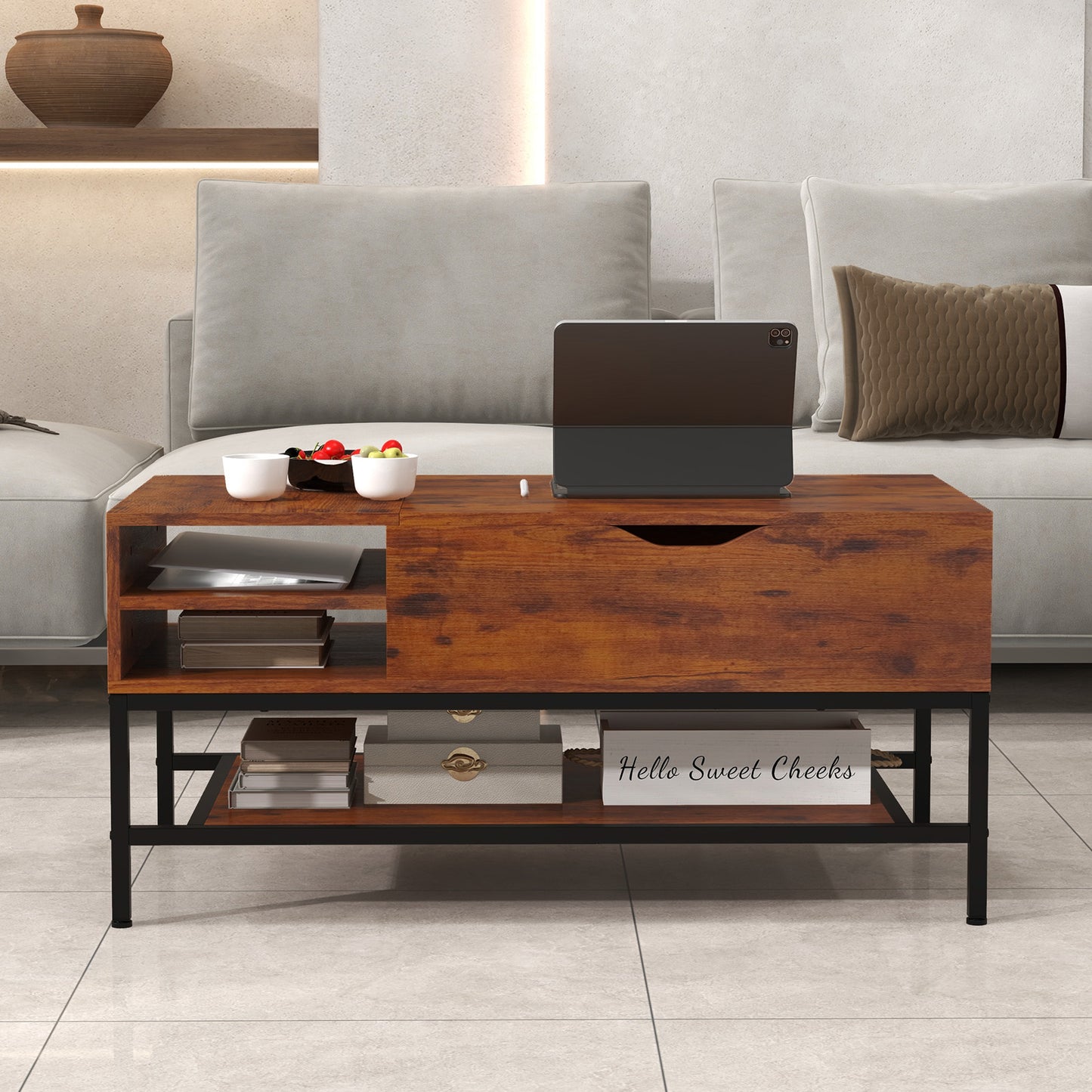 Lift Top Coffee Table with Hidden Compartment and Removable Shelf-Grey