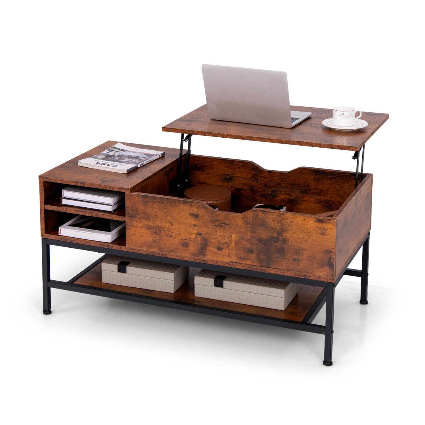 Lift Top Coffee Table with Hidden Compartment and Removable Shelf-Grey