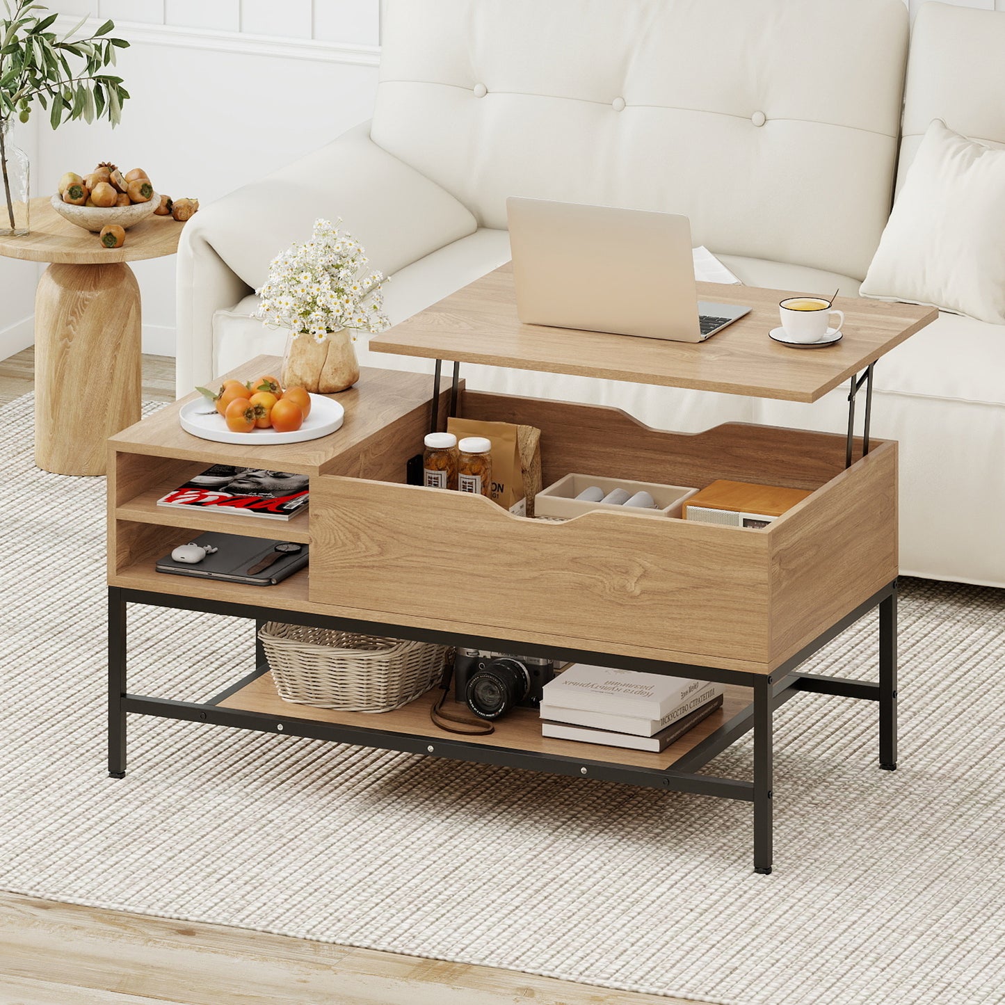 Lift Top Coffee Table with Hidden Compartment and Storage Shelf-Black