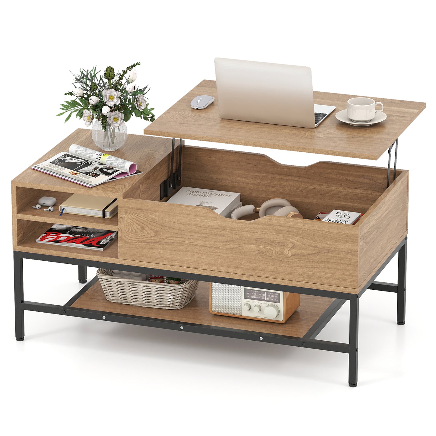 Lift Top Coffee Table with Hidden Compartment and Storage Shelf-Black