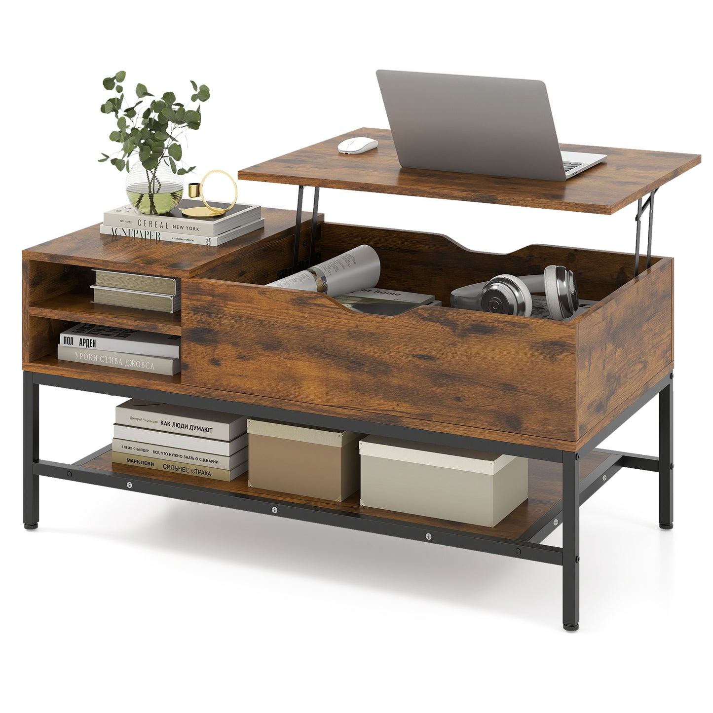Lift Top Coffee Table with Hidden Compartment and Storage Shelf-Black