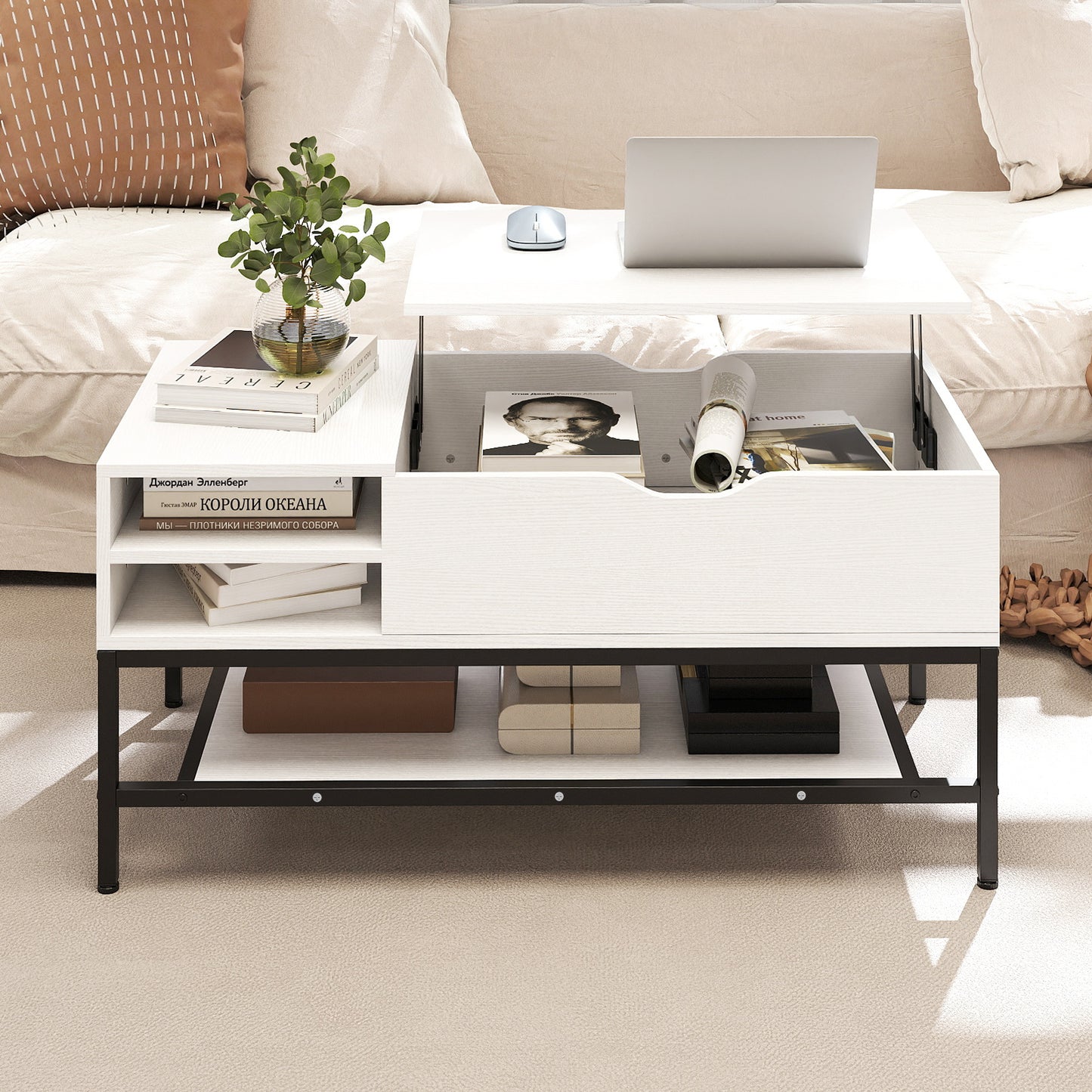Lift Top Coffee Table with Hidden Compartment and Storage Shelf-Black