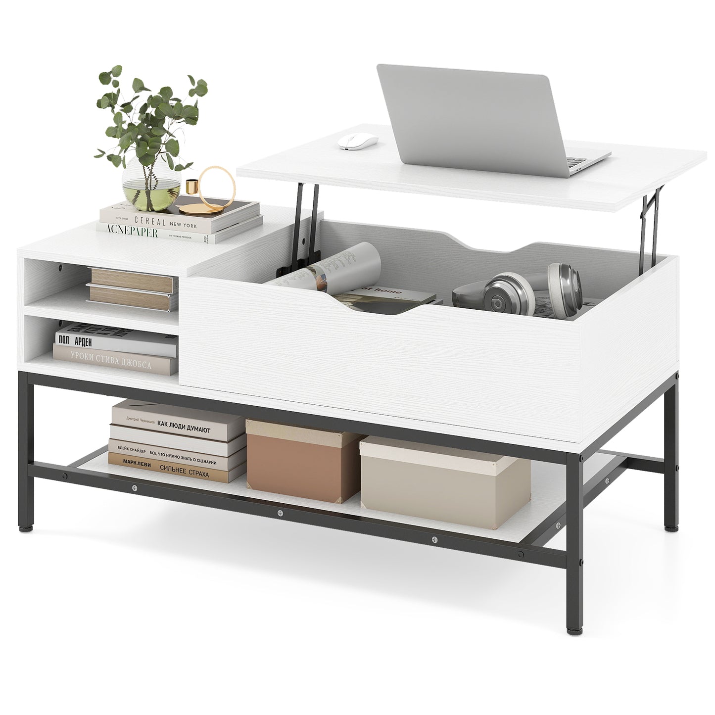 Lift Top Coffee Table with Hidden Compartment and Storage Shelf-Black