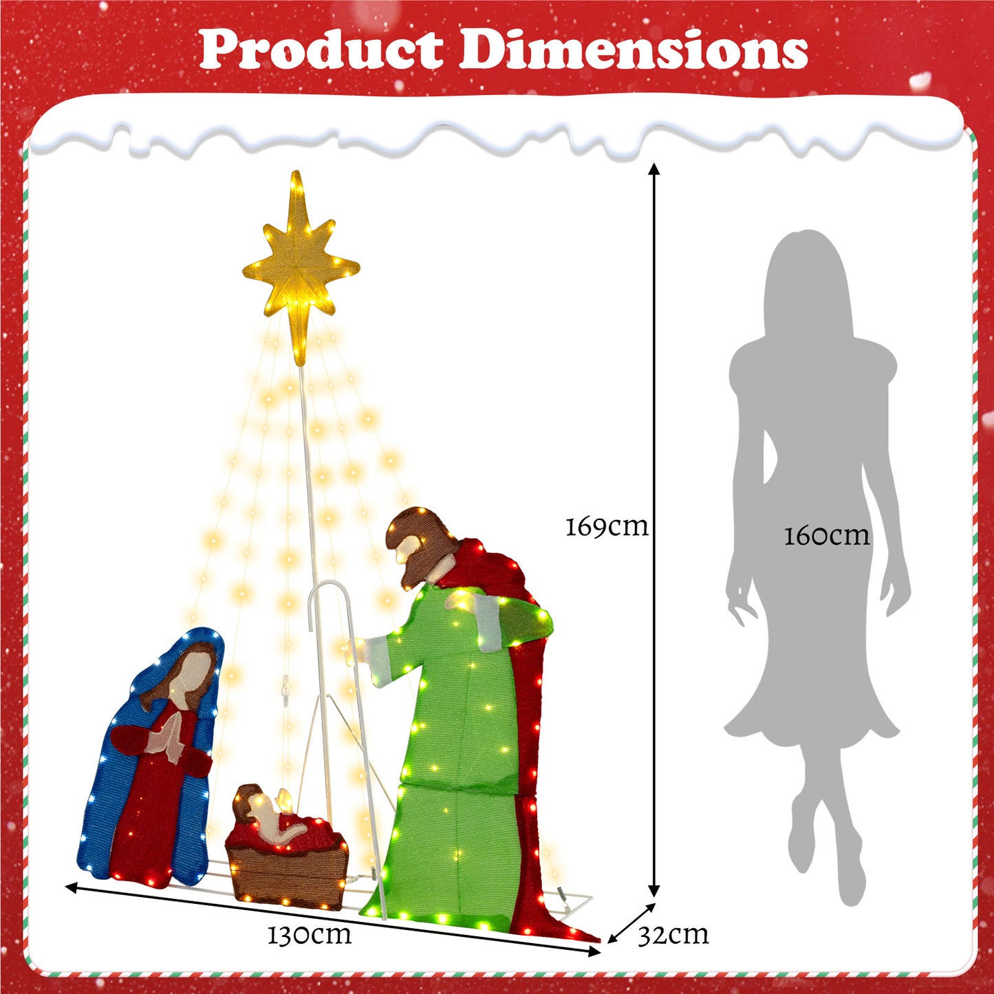 Nativity Scene Pre-lit Holy Family Christmas Decoration with 209 Warm White LED Lights
