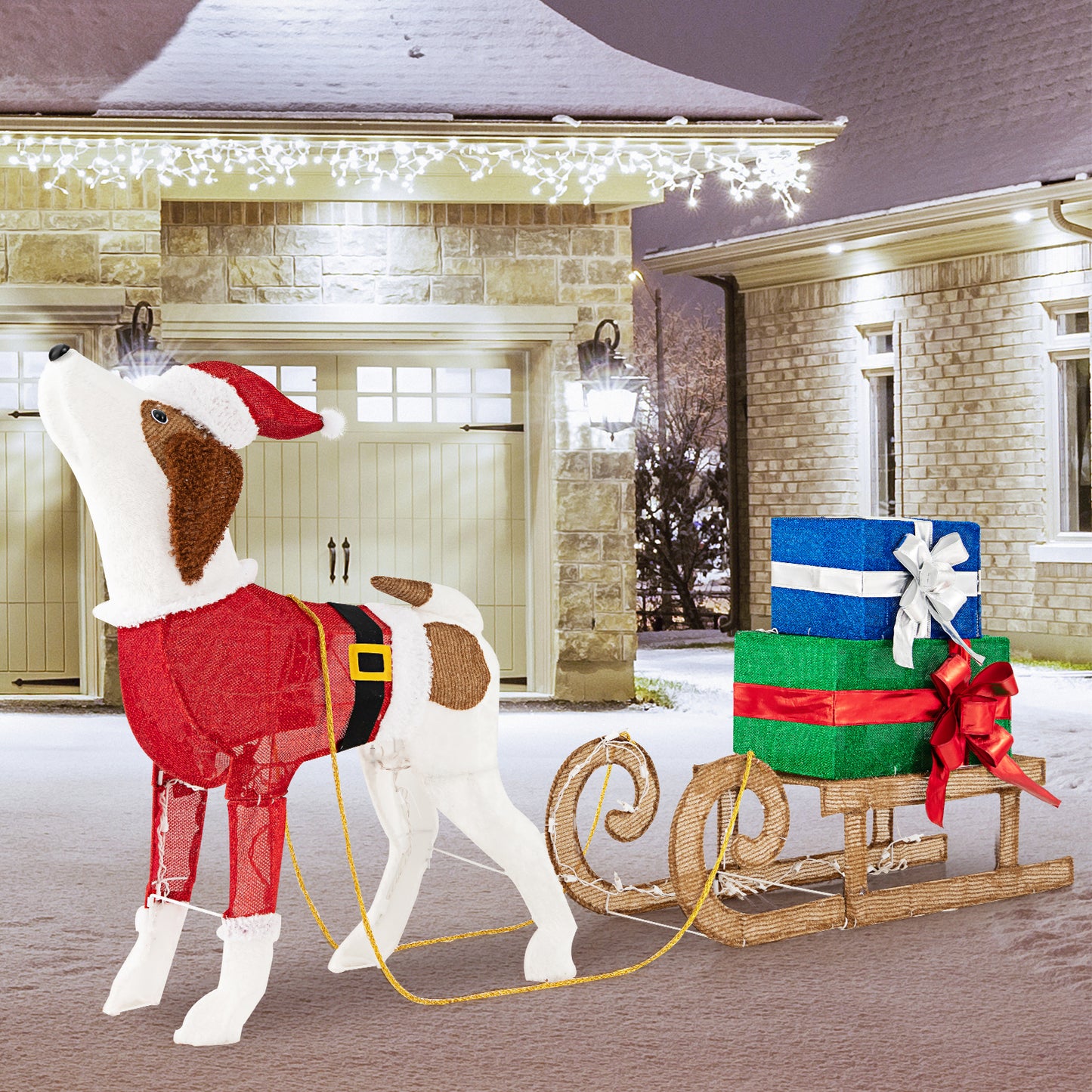 Pre-lit Lighted Christmas Dog Sleigh Gift Boxes Combo Decoration