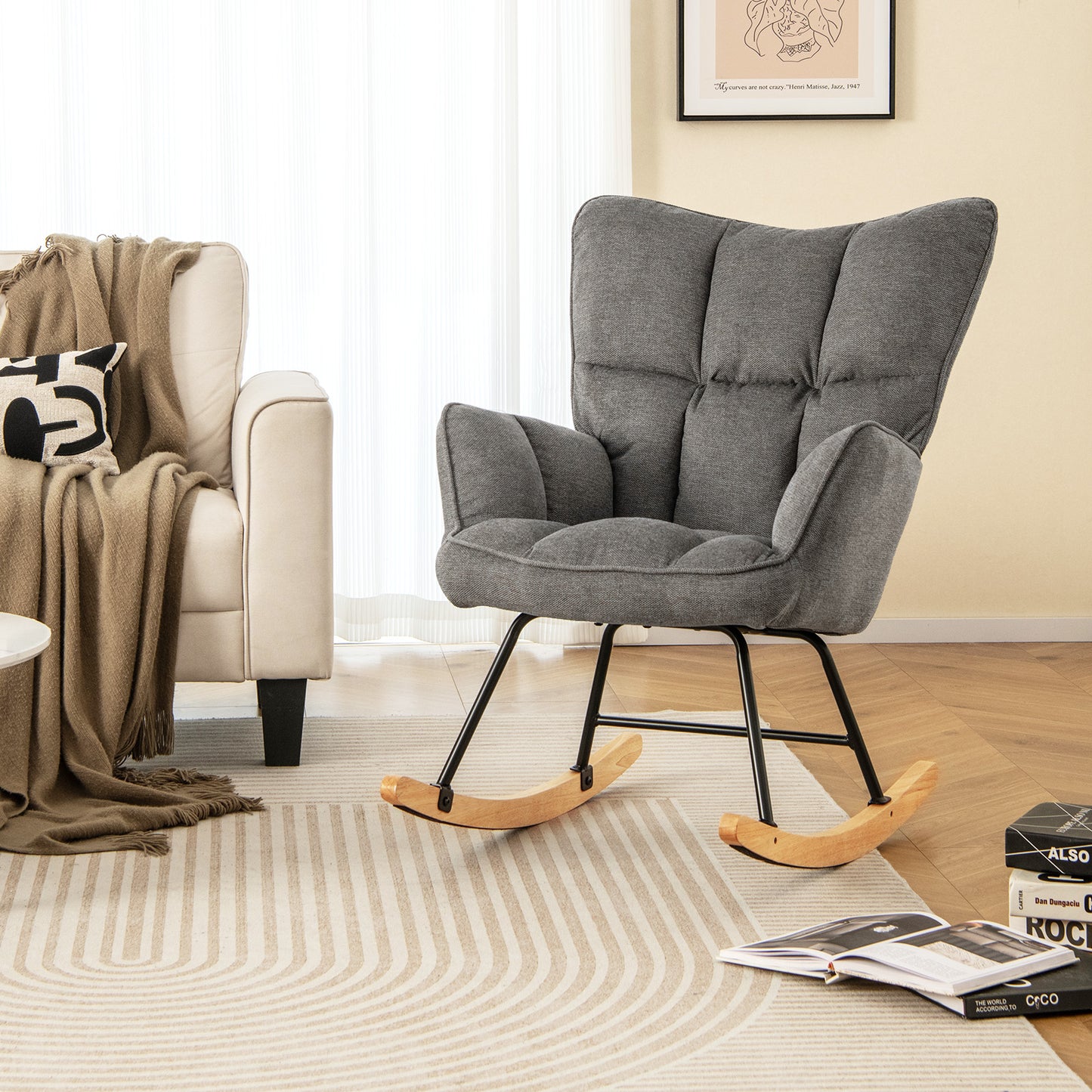 Linen Nursery Rocking Chair Modern Rocking Accent Chair with High Backrest-Beige