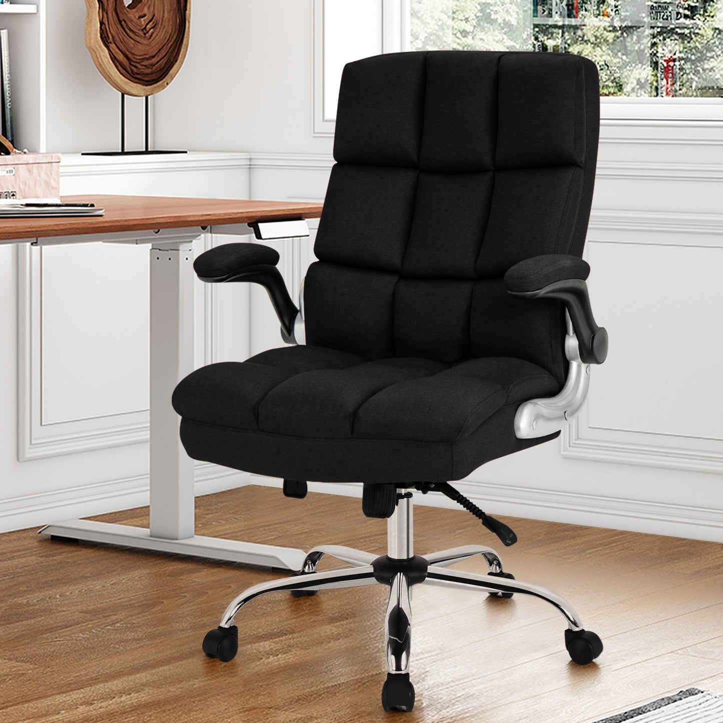 Linen Upholstered Executive Chair with Ergonomic High Back for Home Office-Beige