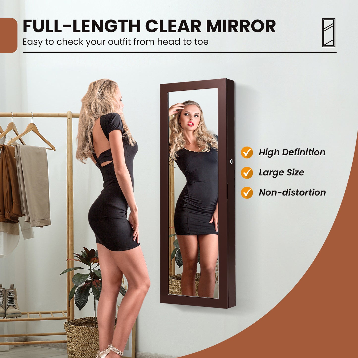 Lockable Jewelry Cabinet with Full Length Mirror and LED Lights-White