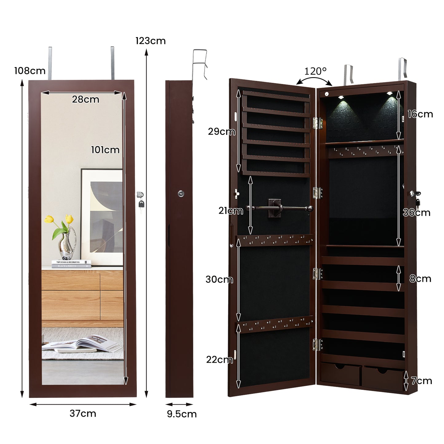 Lockable Jewelry Cabinet with Full Length Mirror and LED Lights-White