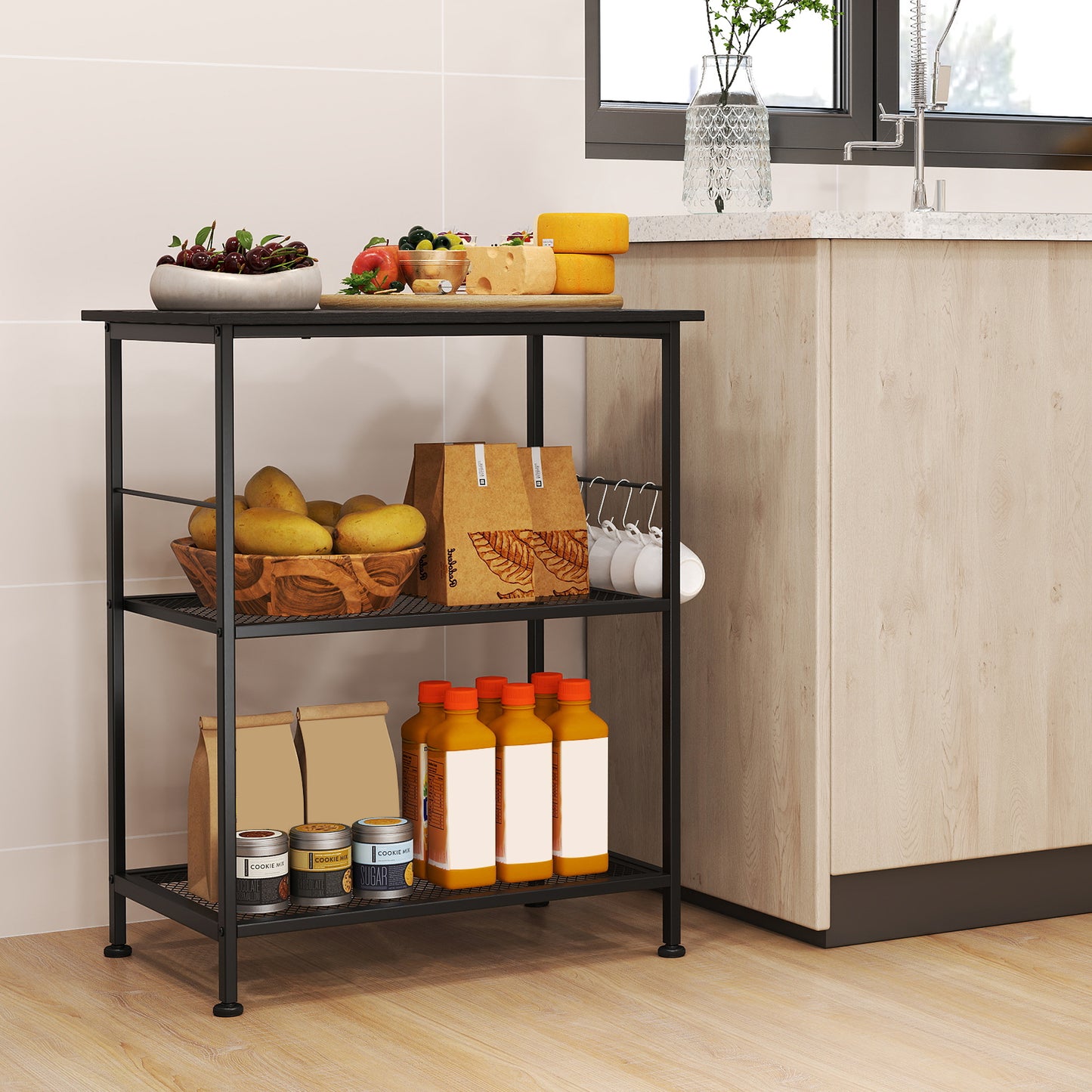 Lockable Trolley with Flexible Wheels, 2 Mesh Shelves and 5 Hanging Hooks-Coffee