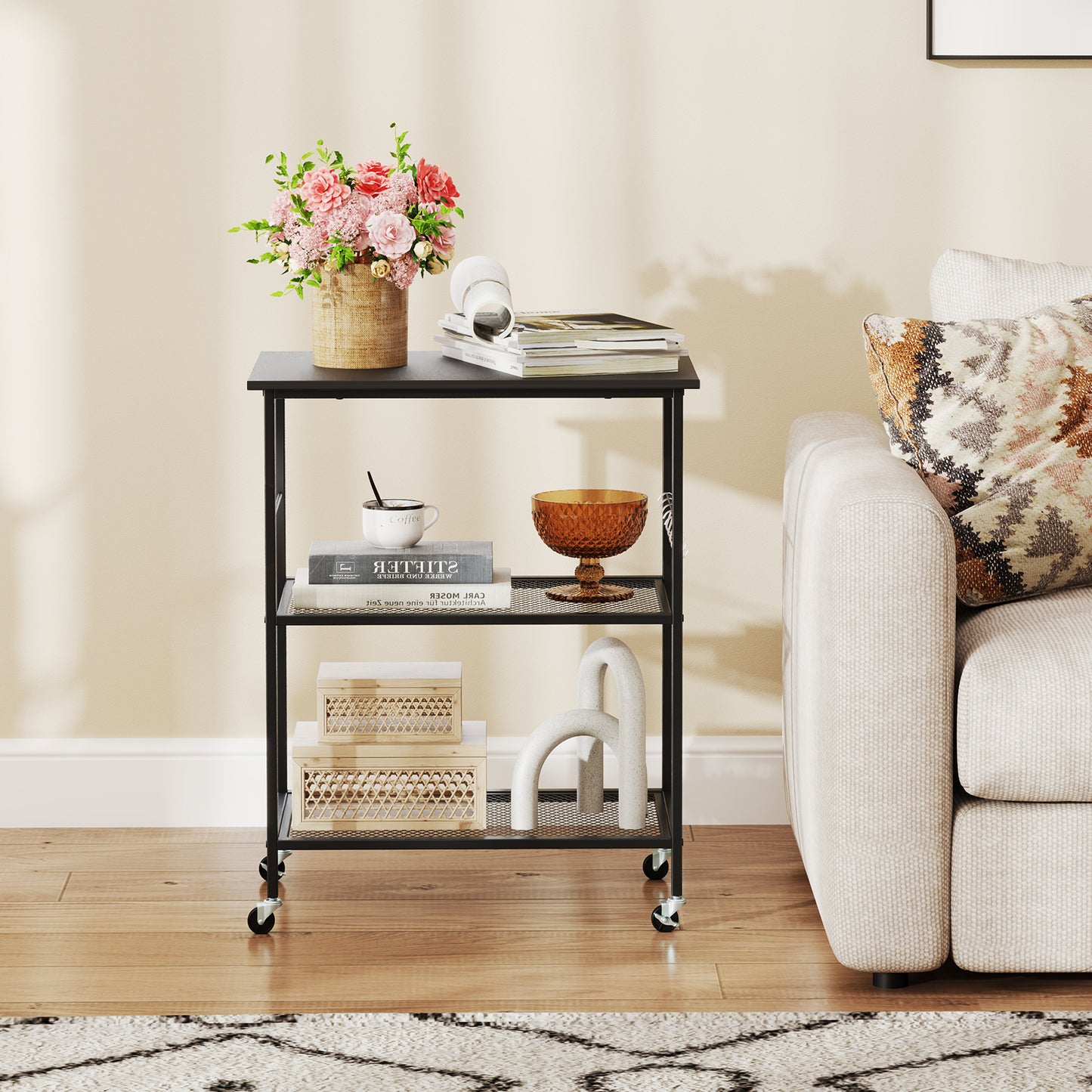 Lockable Trolley with Flexible Wheels, 2 Mesh Shelves and 5 Hanging Hooks-Coffee