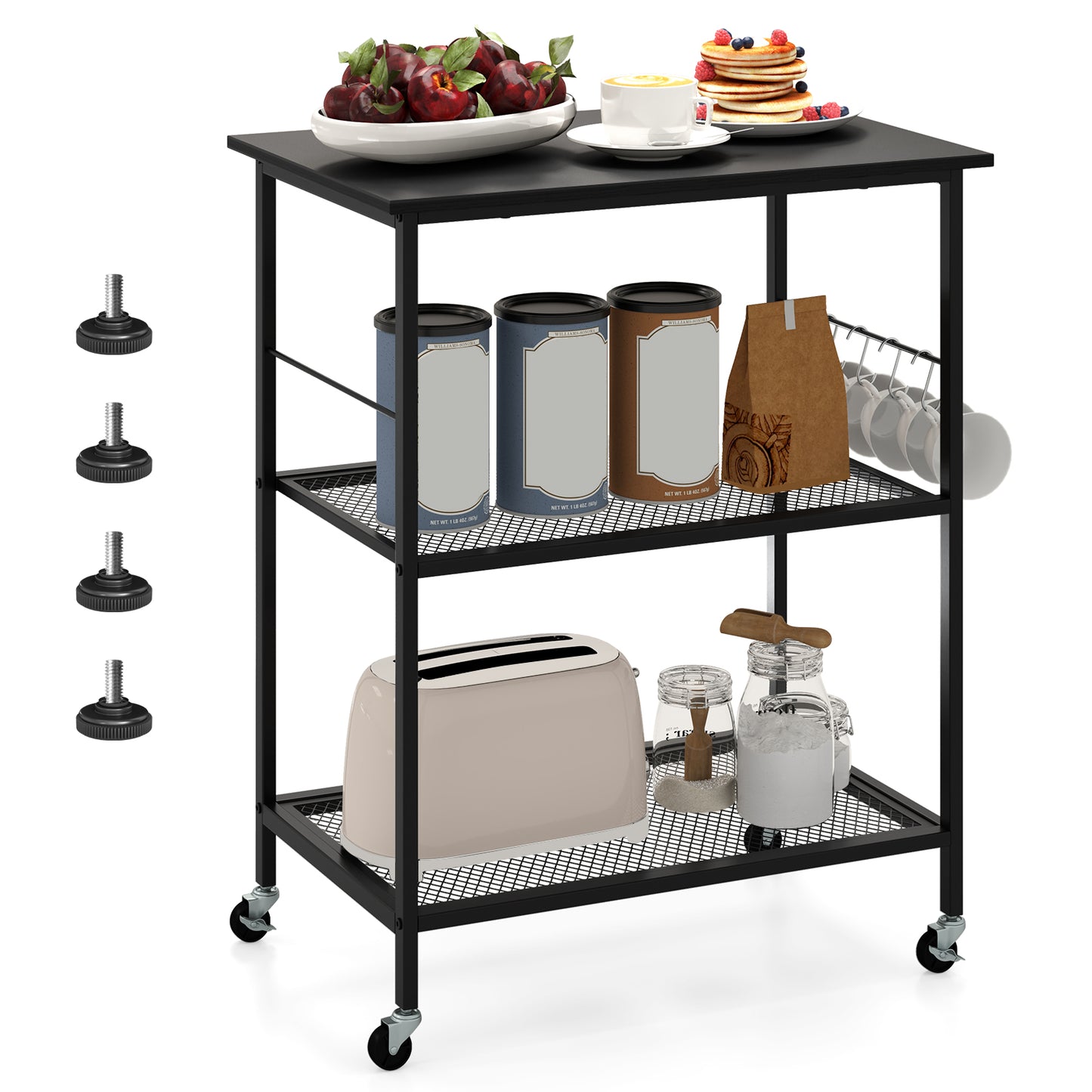 Lockable Trolley with Flexible Wheels, 2 Mesh Shelves and 5 Hanging Hooks-Coffee