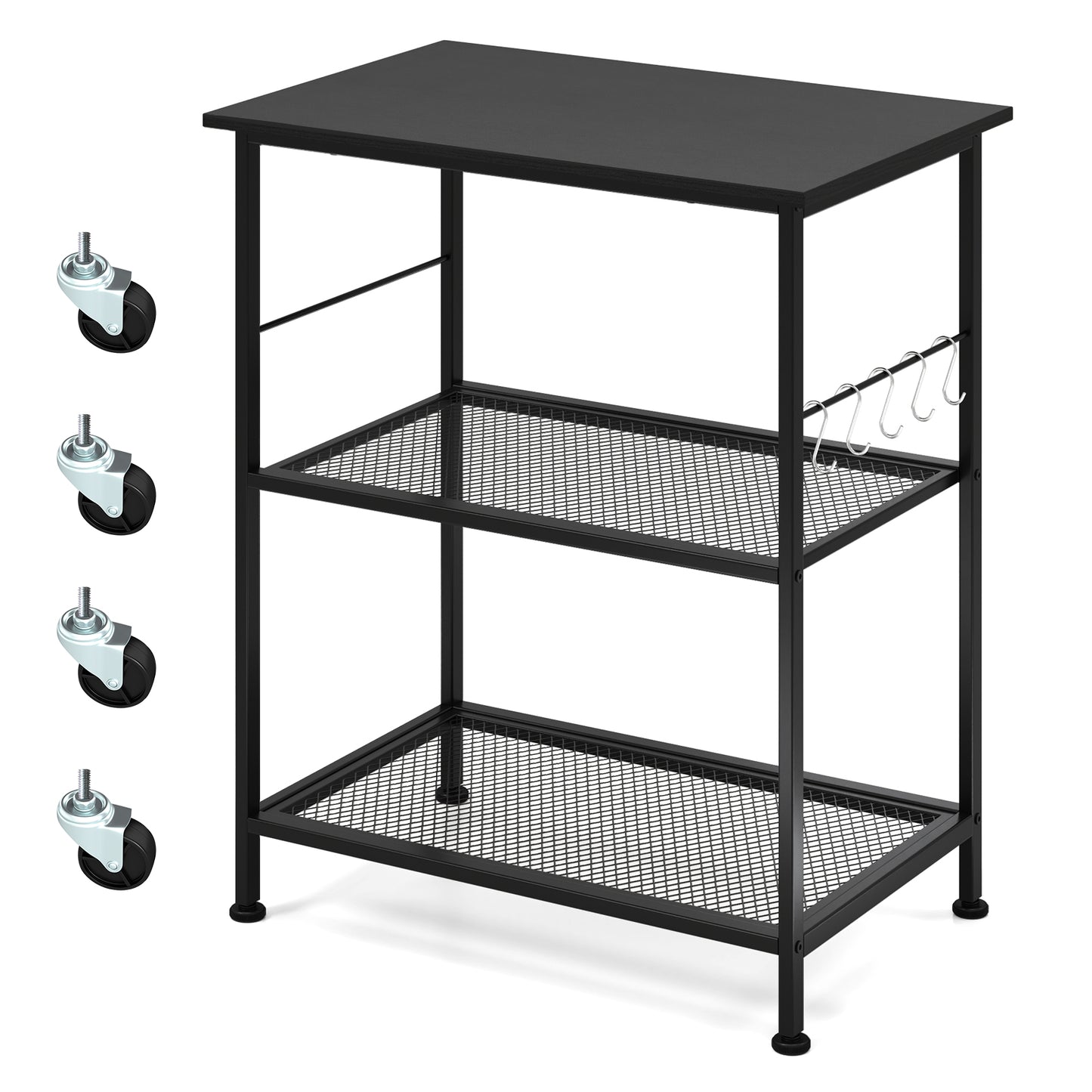 Lockable Trolley with Flexible Wheels, 2 Mesh Shelves and 5 Hanging Hooks-Coffee