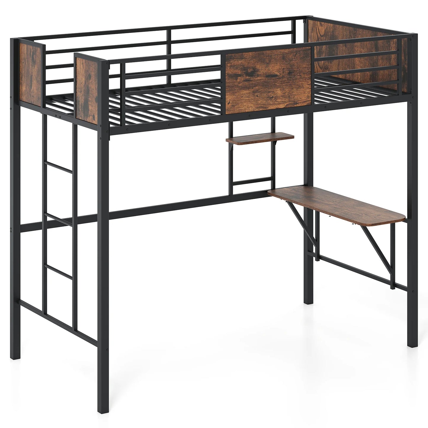 Loft Bed Single Size Heavy Duty Metal Bedframe with Desk-Rustic Brown