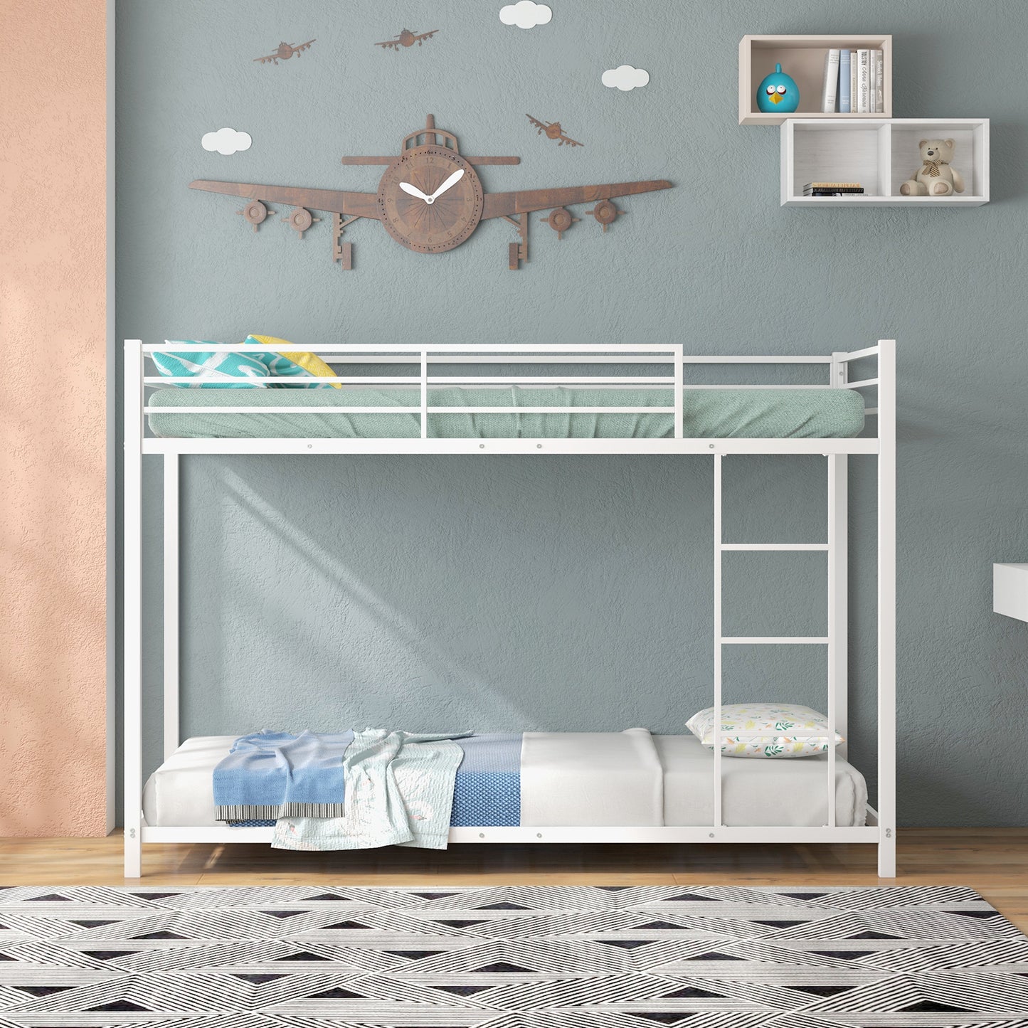 Low Profile Single Over Single Bunk Beds with Ladder and Full-length Guardrails-Black