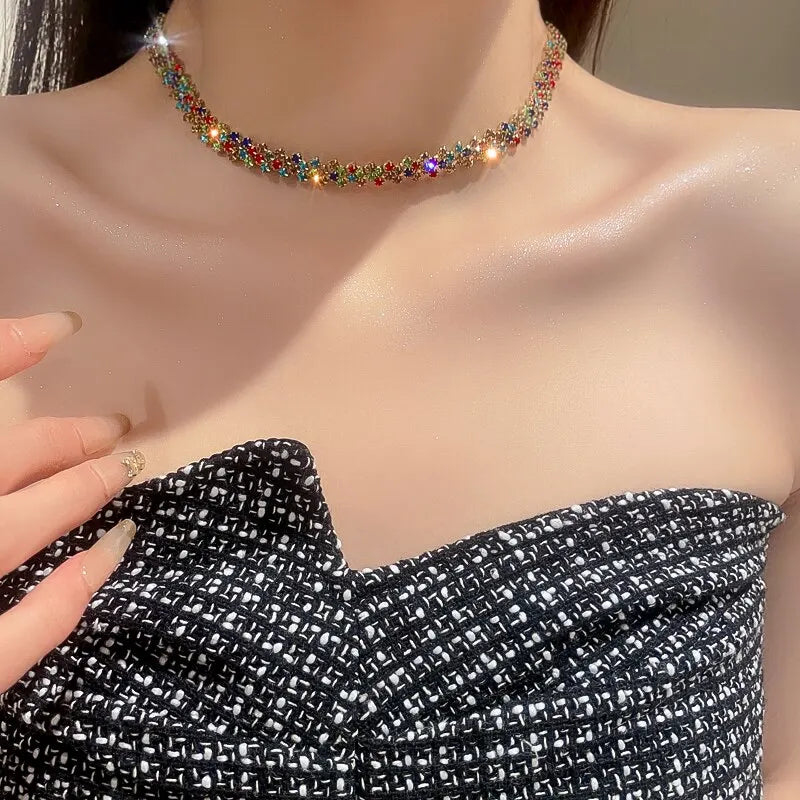 Luxury Shiny Full Rhinestone Choker Necklace Women Geometric Crystal Jewellery