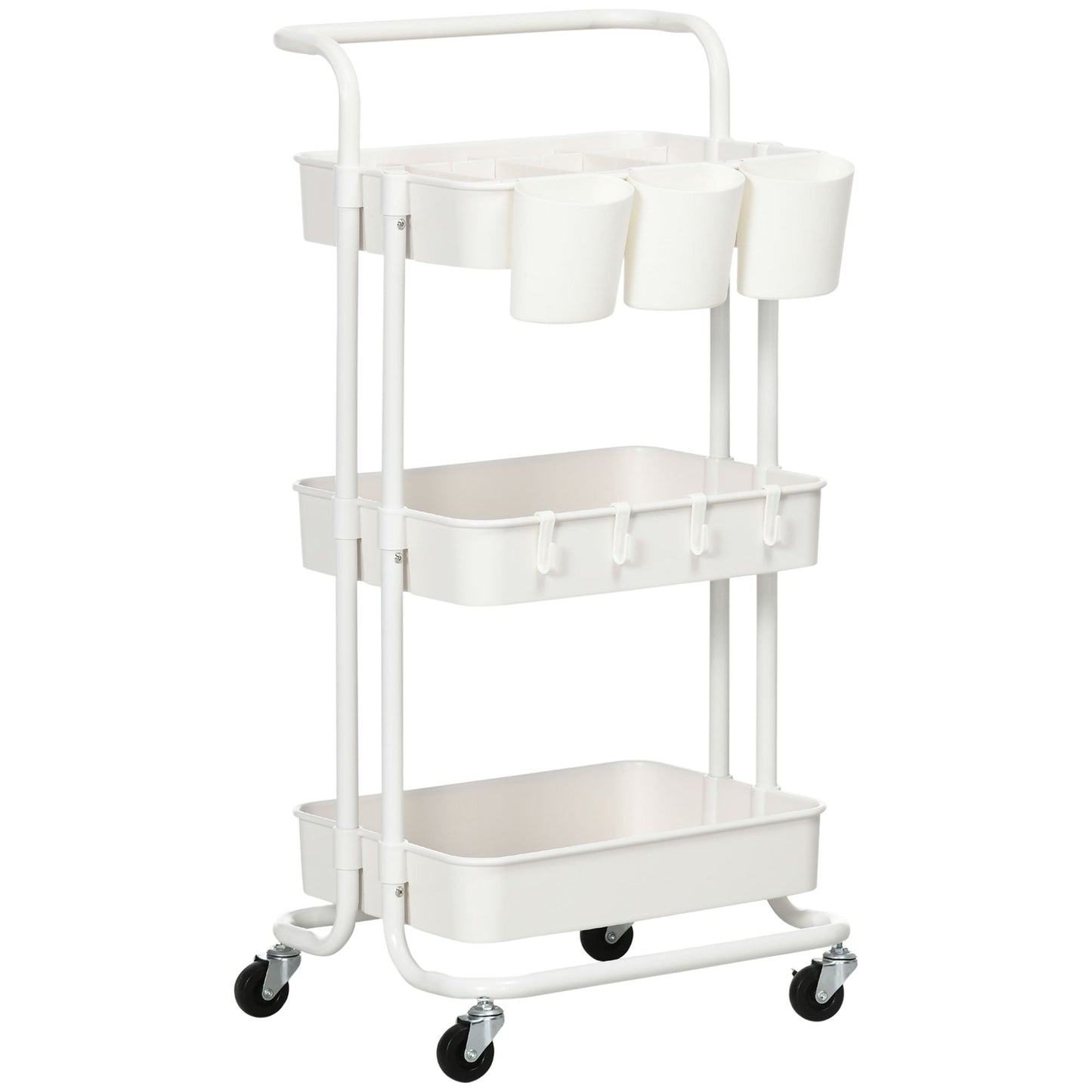 HOMCOM 3-Tier Utility Cart, Rolling Serving Trolley with Baskets and Hooks