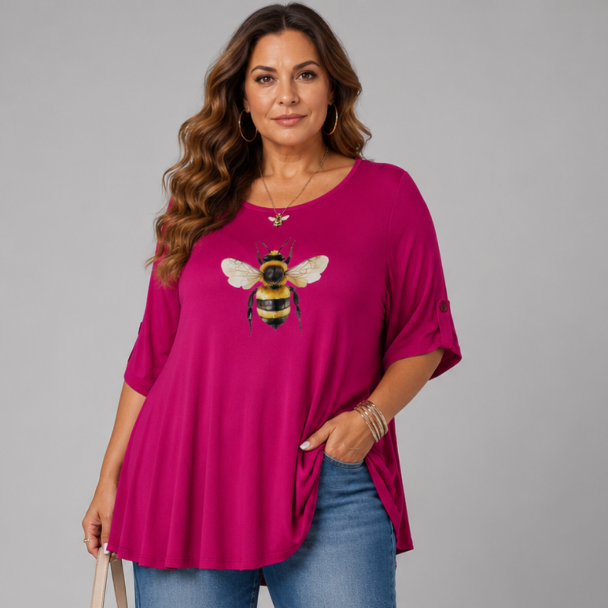 Bee Print Swing Top with Button Half-Sleeves