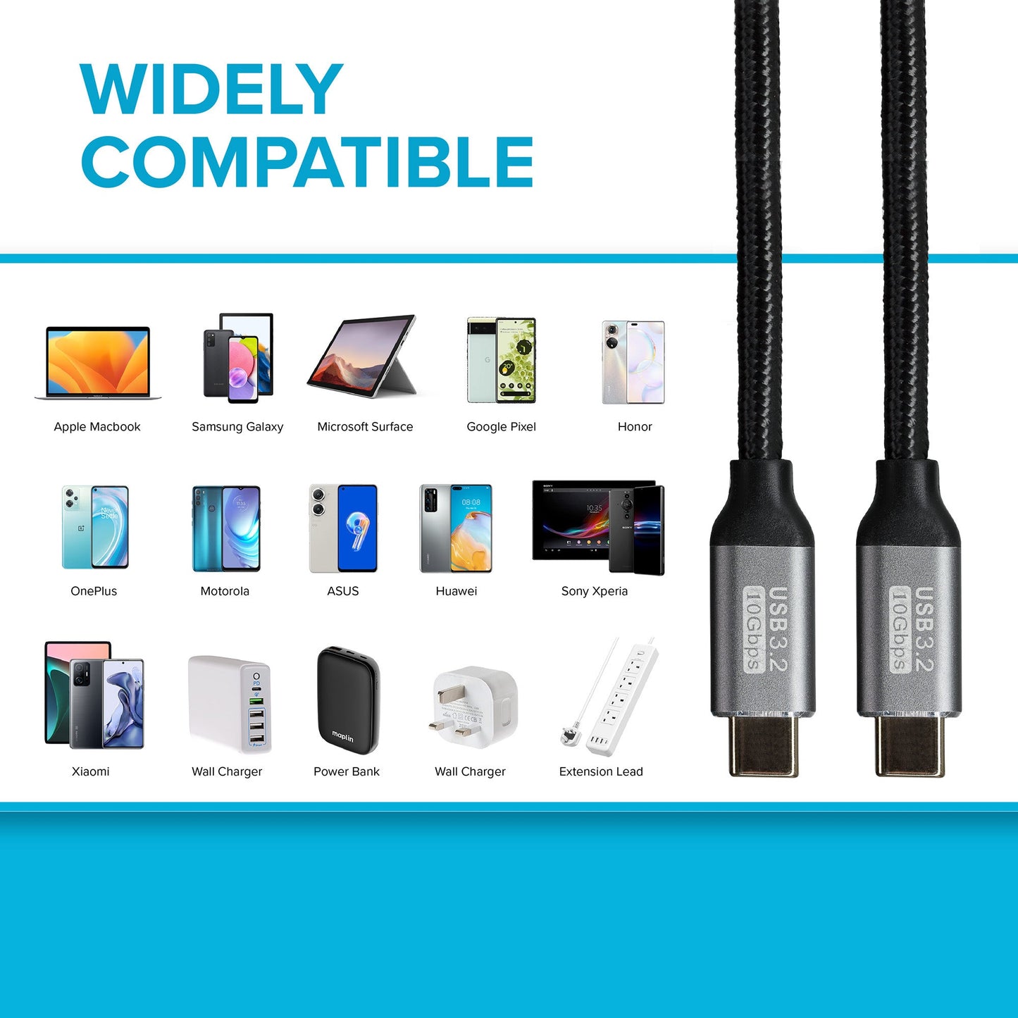 Maplin USB-C to USB-C 3.2 Gen2 100W 10Gbps Super Speed Cable - Black, 1m