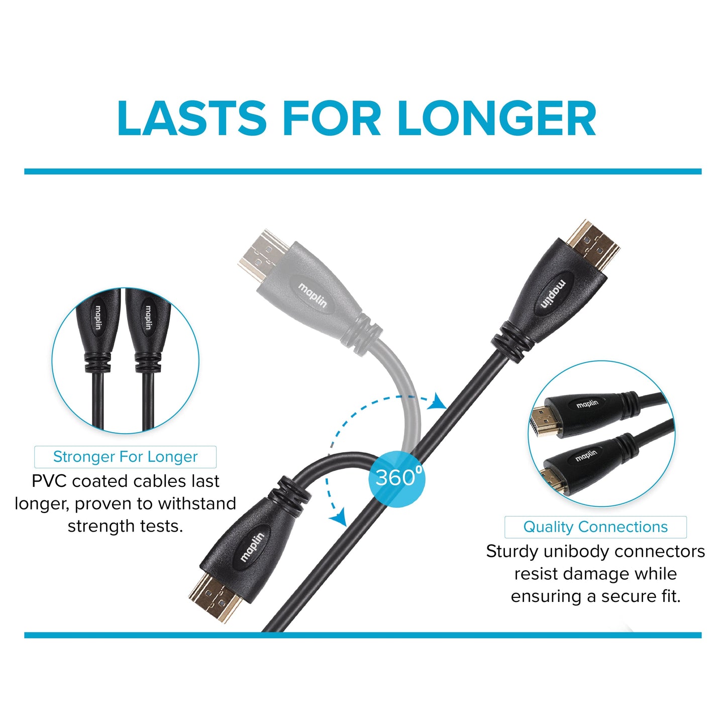 Maplin Thin HDMI to HDMI 4K Ultra HD Cable with Ethernet & Gold Connectors - Black, 3m